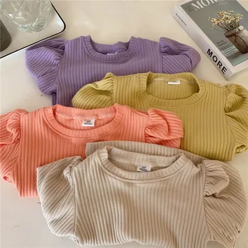 2021 Foråret koreansk Stil Buksetrold Piger Puff Ærme T-shirt, Toppe Bomuld Tøj Candy Farve O-Hals Bunden Shirt Til 1-7Years