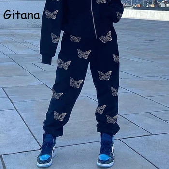Gitana 2021 Efteråret Butterfly Diamanter Bukser Kvinder Vintage Y2K Sweatpants Mode Baggy Bukser med Elastik Høj Talje, Baggy Løbere