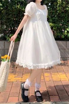 2020 Ny Japansk Slør Puffede Ærmer, Solid Farve Blonder Sløjfeknude Lace Dress Kvindelige renæssance tea party gothic lolita kjole