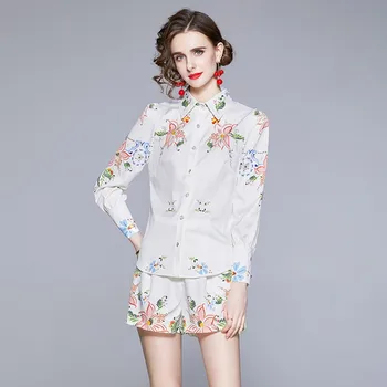 2021 forår, sommer mode kvinder 2 delt Sæt Retro Blomster Trykt langærmet Shirt + shorts To-delt Sæt