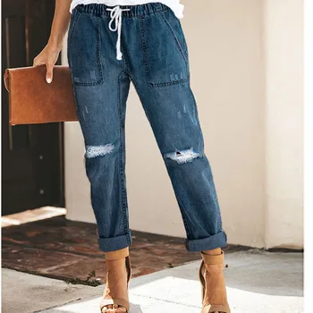 2021 sommeren nye kvinders jeans mode afslappede street-hipster lige ben bukser rippet bukser