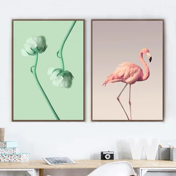Mælkebøtte Flamingo Grøn Blomst Nordiske Plakat Væg Kunst, Lærred, Maleri, Mode, Moderne Wall Billeder For Piger Room Decor