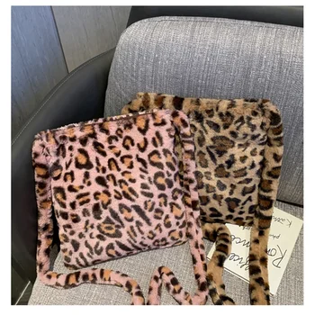 Leopard Print Plys Kvinders Shoulder Taske Mode Retro Varm Håndtaske Stor Kapacitet Casual Messenger Taske