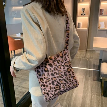 Leopard Print Plys Kvinders Shoulder Taske Mode Retro Varm Håndtaske Stor Kapacitet Casual Messenger Taske