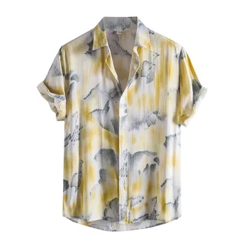 Hør Kortærmet Skjorte Mænd Sommer Blomster Løs Baggy Casual Hawaii Holiday Beach Shirt Tee Toppe Knapper Bluse Hawaiian Style