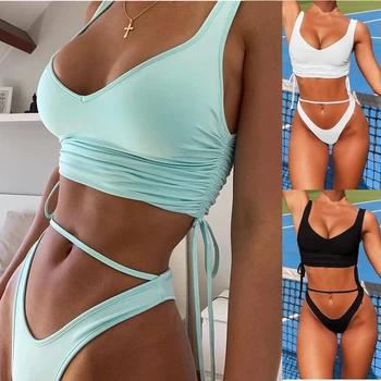 2021 Sommeren Nye Sexede Kvinder er Solid Farve Bandage Bikini Beach Holiday Sports-To Stykke Badetøj