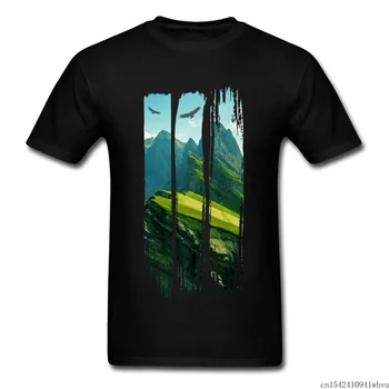 Bjerglandskab Mænd T-Shirts Lycra Stof Fashion Sort Casual Top Retro Tøj Familie Sommer Bløde Grafiske T-Shirts