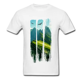 Bjerglandskab Mænd T-Shirts Lycra Stof Fashion Sort Casual Top Retro Tøj Familie Sommer Bløde Grafiske T-Shirts