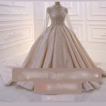 Luksus Dubai Sparkle Bryllup Kjoler Med Fuld Ærmer Crystal Beaded Libanon Brudekjoler Høj Krave Luksus Bryllup Kjole