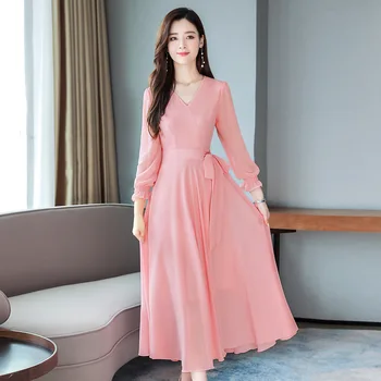 2021 tidlige forår nye koreanske version af stor størrelse chiffon kjole langærmet temperament slanke figur tynd big swing lang nederdel