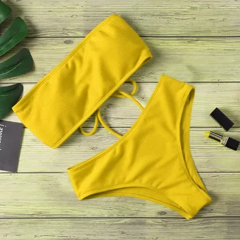Kvinder Stropløs Bikini Sexet Solid Farve Med Høj Talje Polstret Badetøj 2021 Sommeren Snøre Elastik To Stykke Badedragt Badedragt