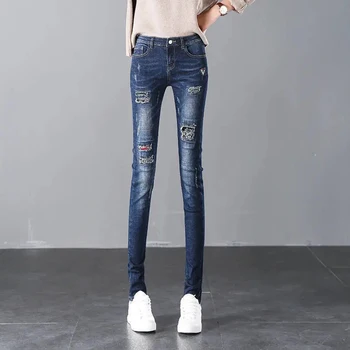 Rippet Ridset Skinny Jeans Kvinder Streetwear Patches Brev Pynt Denim Blyant Bukser Sort Trendy Jean Bukser Kvindelige