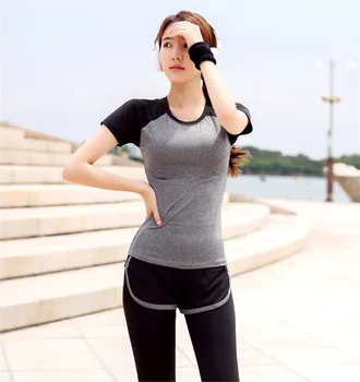 Yoga Toppe Hurtig Tør Sportstøj, der Kører Kvinder Elastisk Gym Tøj i Sort og Grå Syninger Kvindelige Korte T-shirt