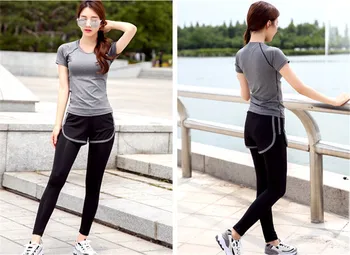 Yoga Toppe Hurtig Tør Sportstøj, der Kører Kvinder Elastisk Gym Tøj i Sort og Grå Syninger Kvindelige Korte T-shirt