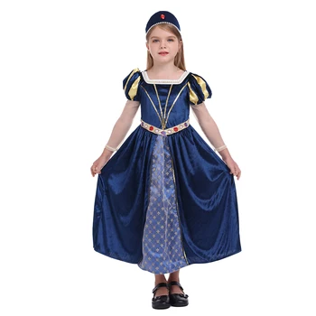 Nye Børn Piger Prinsesse Kjoler Pladsen Hals Lange Ærmer Mesh Puff Ærmer Print A-linje Party Dress Cosplay Kostume med Hovedbøjle