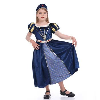 Nye Børn Piger Prinsesse Kjoler Pladsen Hals Lange Ærmer Mesh Puff Ærmer Print A-linje Party Dress Cosplay Kostume med Hovedbøjle
