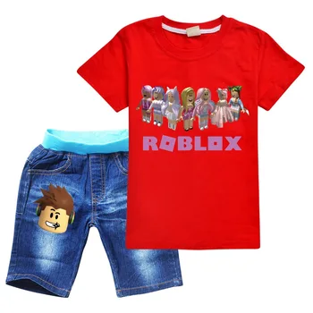 Nye Robloxing Animationsfilm Toddler Dreng Tøj Sommer Bomuld Kortærmet T-Shirt + Denim Shorts Cosplay Kostume Piger Toppe, Bukser Sæt
