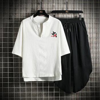 Mænd Tøj Mænds Sommeren Kinesiske Type Bomuld med V-hals Halv-Ærmet T-shirt, Shorts Sæt To-piece Suit Mandlige Sportstøj 8XL 7XL
