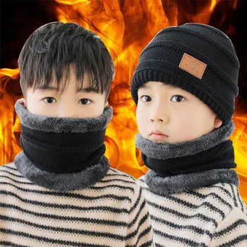 Q 48-54 CM Mode Varm Øre Tykkere Flanger Vinter Hat Strikket Halstørklæde Sæt Children ' s Hat koreansk Stil