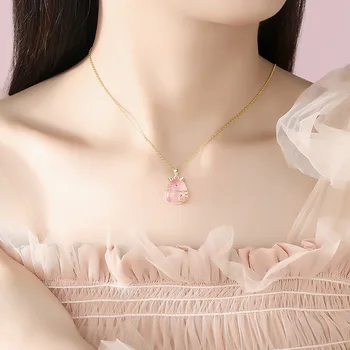 S925 Sterling Sølv Kat Halskæde Pink Krystal Heldig Vedhæng i Forgyldt 14k Kravebenet Kæde for Kvindelige Jubilæum Gave