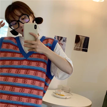 Korejepo Kvinder Sweater 2021 Foråret Efteråret Damer Japansk Sød College Stil Kontrast Farve Design Løs V-Hals Strikket Vest