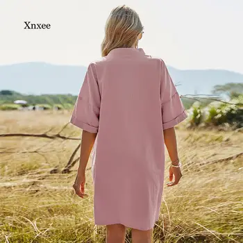 2021 Vintage V-Hals, Korte Ærmer Kjole Kvinder Casual Løs Talje Stor Størrelse Mini, Sommer Kjoler Lommer Pink Hjem Damer Robe