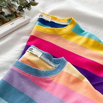 Foråret 2021 Nye Rainbow Stribet Langærmet T-shirt til Kvinder Sexet Base Shirt koreansk Stil Løs Alle-Match Sød og Krydret Top