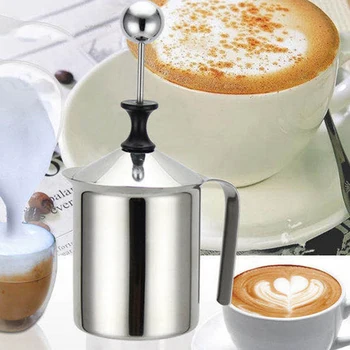 Manuel Mælkeskummer Set 400Ml,Rustfrit Stål Dobbelt Mesh Skumning Mælk Kande,Mælk Flødekande til Cappuccino & Fancy Kaffe