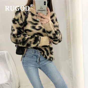 RUGOD Mode Leopard Print Kvinder Sweater og Pullover Elegante O-Hals Lange Ærmer Jul Sweater Efterår og Vinter Trække Femme