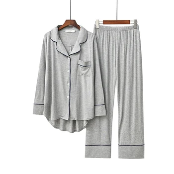2STK Pyjamas Sæt Kvinder med Lange Ærmer Fast Modal Løs Åndbar, Blød Oversize Dame koreansk Stil Hjem Behageligt Tøj