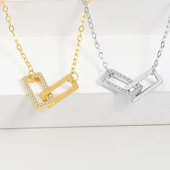 925 Sterling Sølv Kvinders Mode Nye Smykker i Høj Kvalitet, Rektangel Dobbelt Guld Enkel Halskæde 48CM Lang