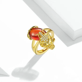 BISAER Miljø-venligt Kobber Galvanisering Efterligning Golden Zircon Pixiu Fortunely Adjustble Ring Luksus Mode Smykker