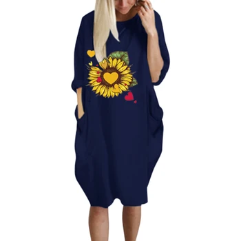 VICABO Solen blomstrede Kjole Kvinder med Lange Ærmer Oversize T-Shirt Kjole Rund Hals Lommen Casual Efteråret Vestidos