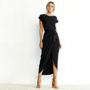 2021 Forår Nye Mode Elegant Kjole Plus Size Kvinder Casual Tøj Korte Ærmer O-Hals Blå Kjole Løs Split Uregelmæssige Kjole