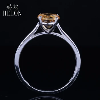 HELON Solid White 10K Guld Fejlfri Runde 6.5 mm Ægte Citrin polske Fine Smykker Engagement Bryllup Gemstones Ring Gave