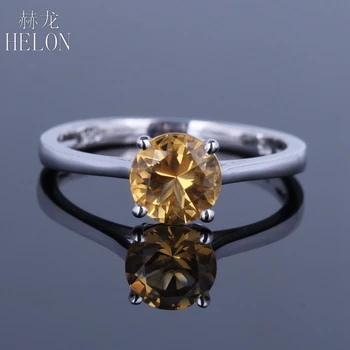 HELON Solid White 10K Guld Fejlfri Runde 6.5 mm Ægte Citrin polske Fine Smykker Engagement Bryllup Gemstones Ring Gave