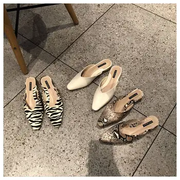 Ny stil tøfler damer firkantet hoved ene pedal Muller sko mode zebra snake mønster lav hæl damer hjemmesko kvinder sko