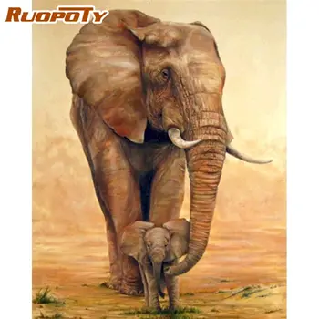 RUOPOTY Billede Af Tal 60x75cm Indrammet Hjem Dekoration Skov Elefant Dyr Maleri Af Antallet Akryl Maling Trække Artcraft