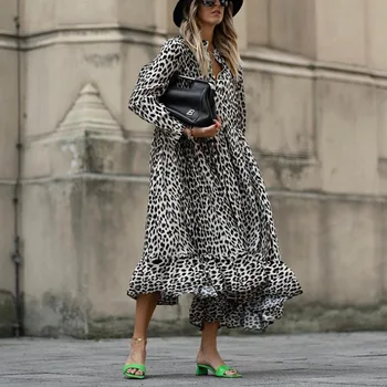 Nye Kvinder V-Hals Fuld Ærme Flæser Lang Festkjole Foråret Efteråret Casual Leopard Damer Klæde Sig Elegant Streetwear Dropshipping