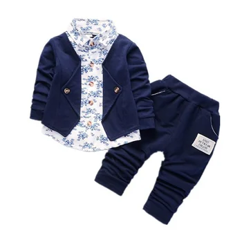 To Falske Sæt Tøj Drenge Efteråret Børn Piger Udskrivning Knap Bue Outfits Børn Trøje + Bukser 2stk Baby Bomuld Tøj der Passer