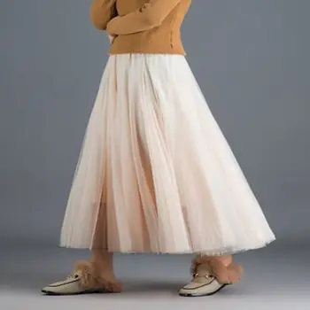 Kvinder Vintage Tyl Mesh Mode Afslappet Elastisk Nederdel med Høj Talje Femme Damer Elegante Fe Plisserede OL Maxi Lange Nederdele S-2XL