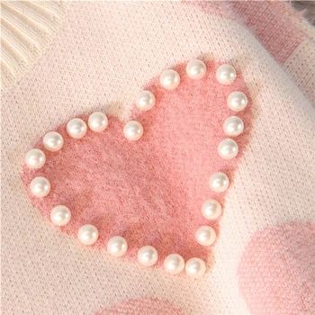 Pink Perlebesat Jacquard O-hals Strik Oversize Sweater, Pullover Casual Tykke Kvinder Varm Kvindelige Løs Grundlæggende Hjerte Mønster Sweater