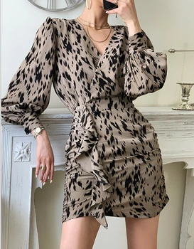 Leopard Sexet Retro-Trendy Ukraine Lange Ærmer V-hals Vestidos Slank Talje A-linje Party Mini Kjole Kvinder Foråret Efteråret Tøj