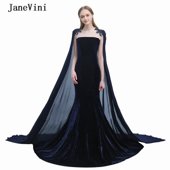 JaneVini 2021 Luksus Dubai Havfrue Lange Aften Kjoler med Kap Pynt Perlebesat Navy Blå Saudi-Arabien Velvet Formelle Kjoler