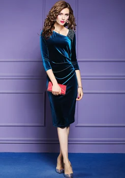 Guld Fløjl Dress Kvindelige 2020 Foråret Nye Koreanske Tynd Plus Size Vintage Perlebesat Patchwork Lange Ærmer Midi-Bodycon Kjole