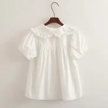 Kvinder Plaid T-Shirt Kort Ærme Nye Sommer Toppe Damer Japansk Mori Girl Peter pan Krave Sød Hvid T-shirt s1098