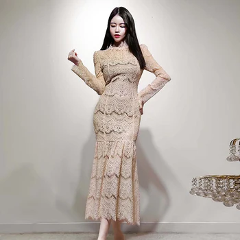 2019 Den Nye Efterår Kvinder Blonde Kjole Med Lange Ærmer O-Hals Vintage Mode Elegant Casual Koreanske Part Damer Sexet Maxi Tøj