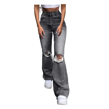 Kvinder Knap Høj Talje, Lomme Elastik Hul Jeans Bukser Løs Denim Bukser Streetwear Blå Vintage Jeans Harajuku Straight Bukser