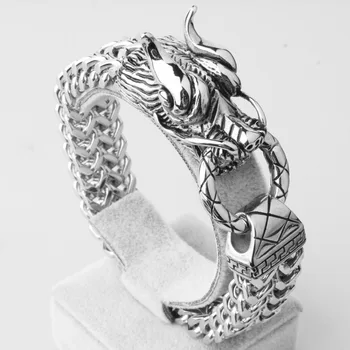 Mode Mænd-Boy ' s Støbning Cuff Bangle Armbånd Smykker Rustfrit Stål Sølv Farve 3D Drage Hoved Figaro Kæde Punk Stil