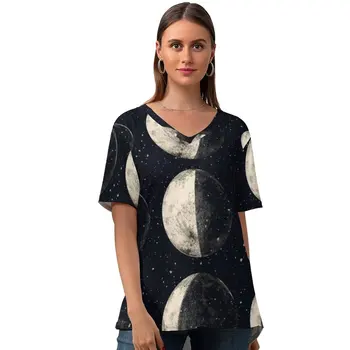 Sun Moon T-Shirt Street Fashion Print Kvinder Enkel T-Shirt Korte Ærmer V-Hals T-Shirt Plus Størrelse